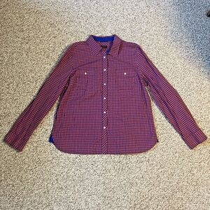 Talbots Womens Plaid Button Up Shirt Size 16 Gingham Pink Blue Pockets Oxford